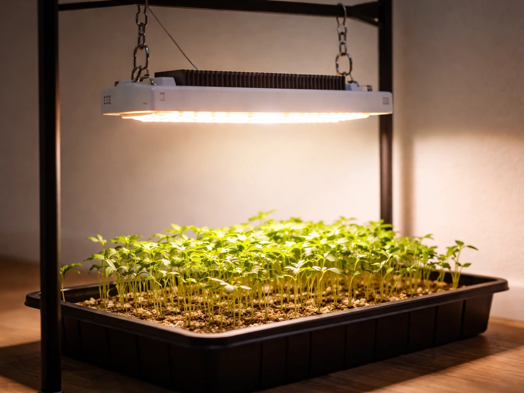 Relassy grow light shining over a small tray of seedlings in an indoor grow setup.