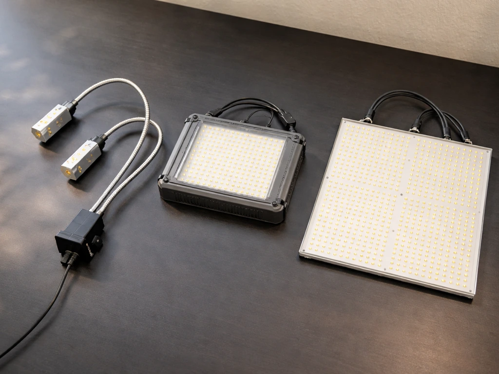 Three LED grow light models laid side-by-side on a dark tabletop: dual-head gooseneck, waterproof panel, and board panel