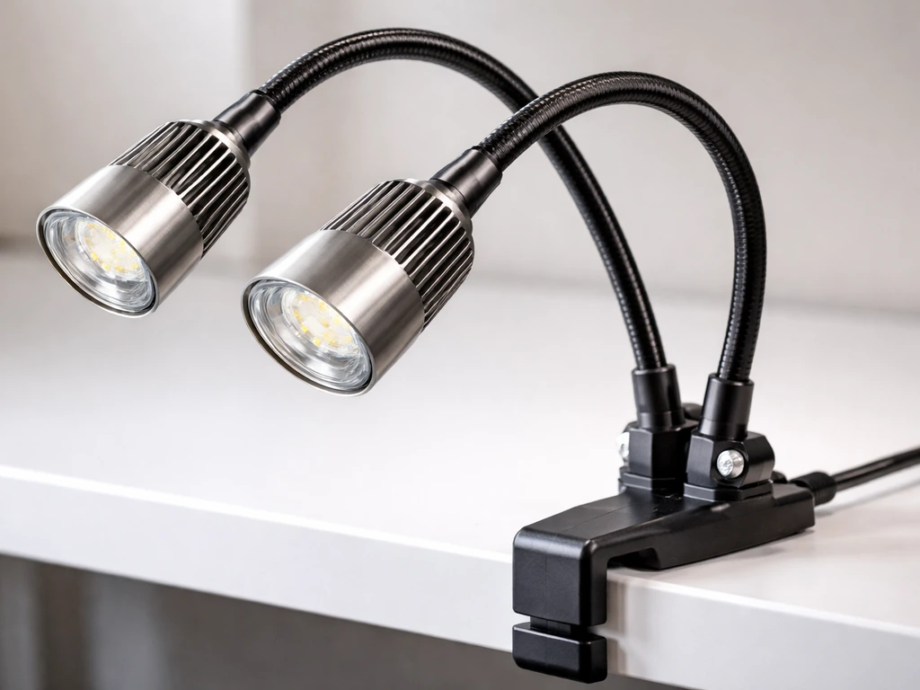 Close-up of a dual gooseneck desktop grow lamp with adjustable heads and heatsink area