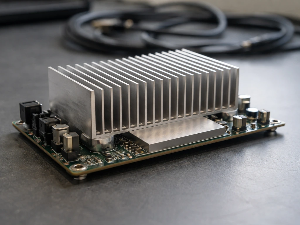 Fanless board panel with rear heatsink fins and passive cooling details in a clean workshop setting.