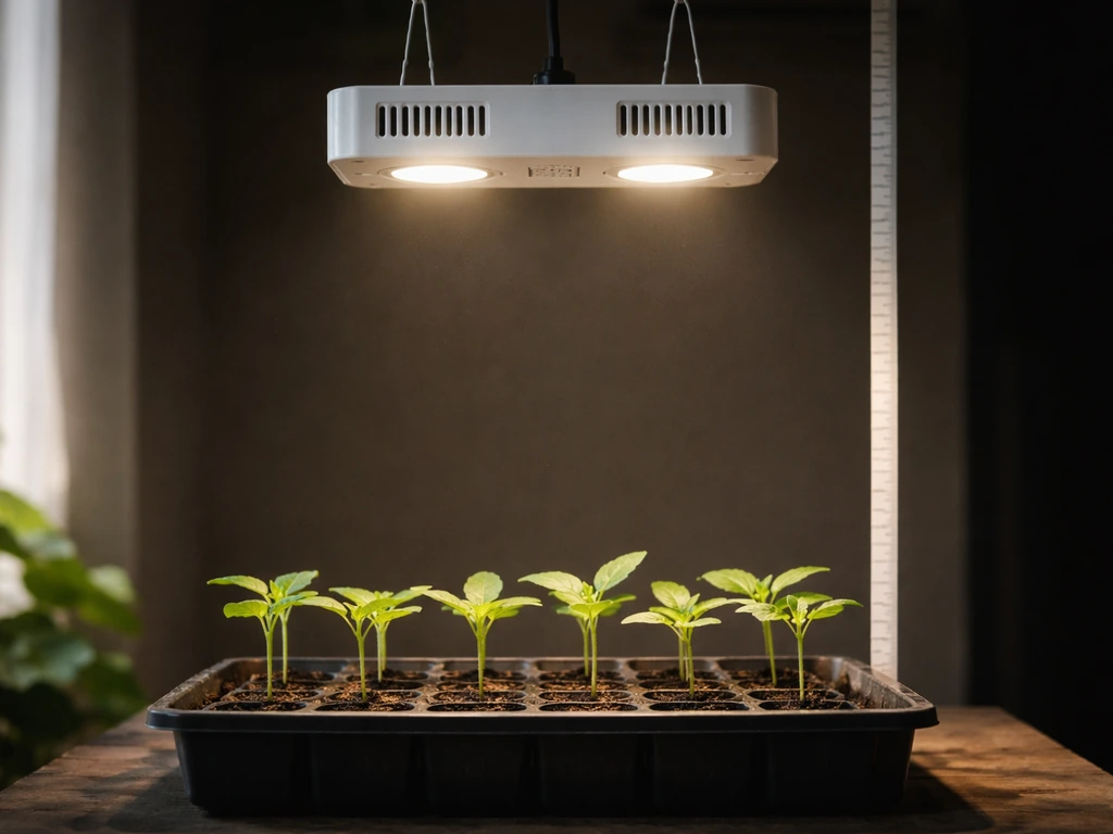 LED grow light correctly hung above seedlings with clear height spacing and a subtle measuring tape reference.