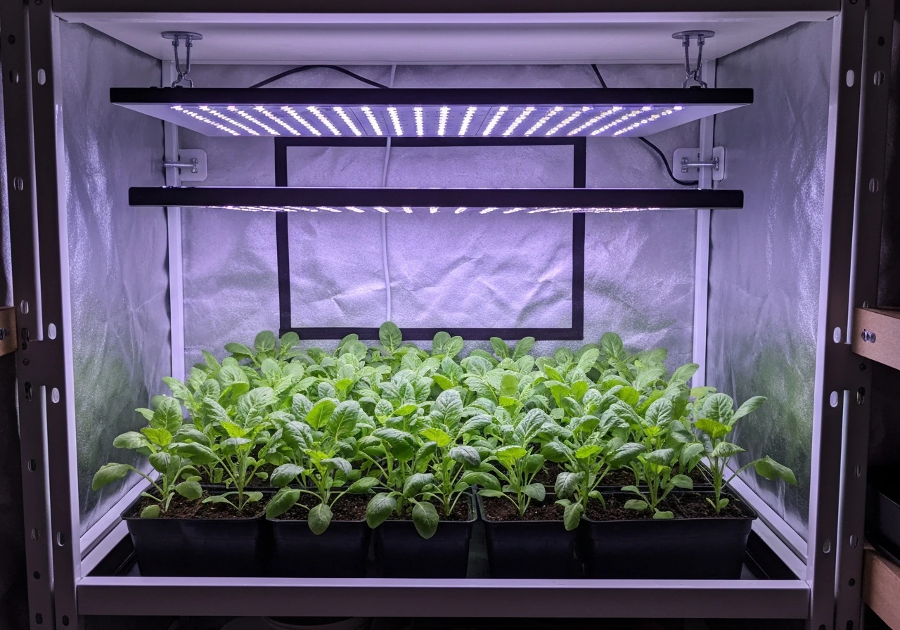 Blurple flat LED grow panel mounted above a small plant canopy in an indoor grow setup
