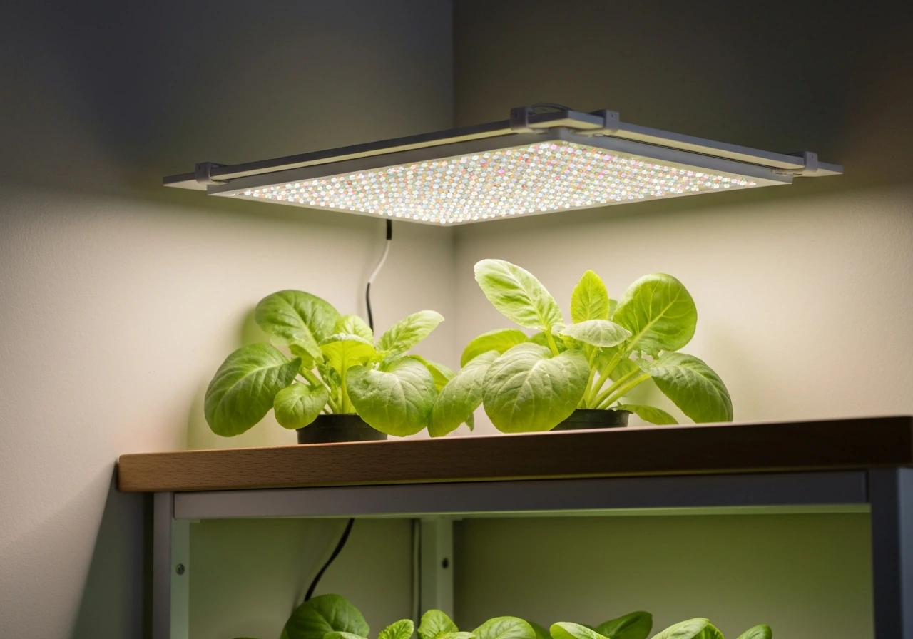 Close-up of a flat LED grow panel mounted over a small potted plant on a shelf.