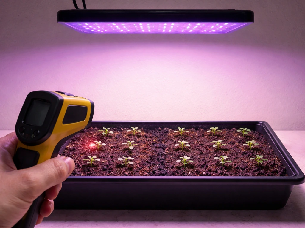 Blue LED grow light over a small plant tray with an IR thermometer reading surface heat.