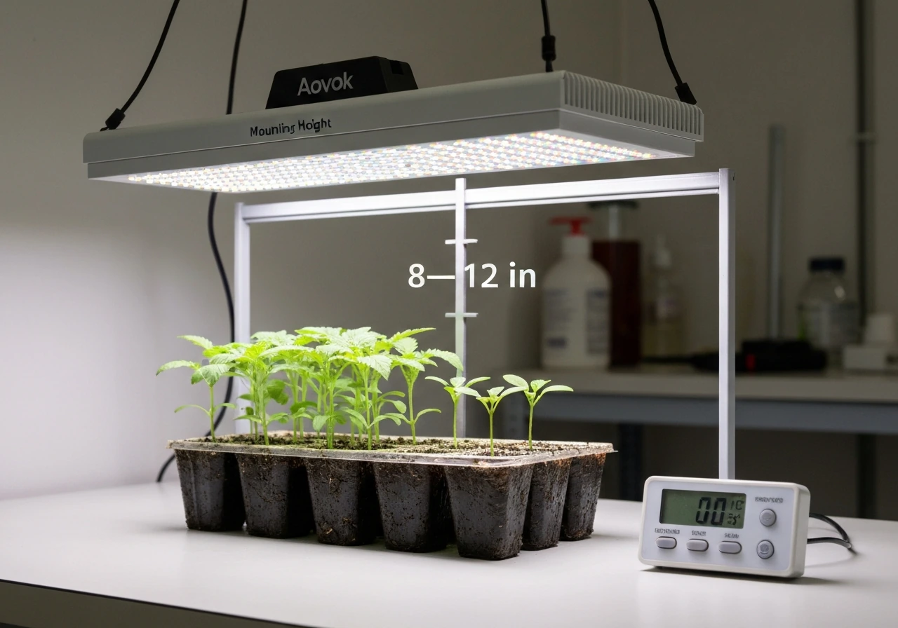 Seedlings in a tray under a compact LED grow light at a clear 8–12 inch mounting height, with a timer nearby.