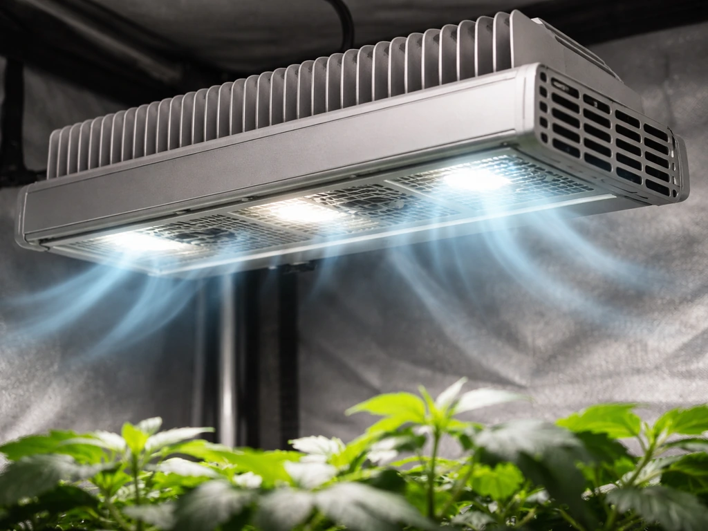Chilled grow light with visible heatsink fins mounted over a small indoor grow canopy