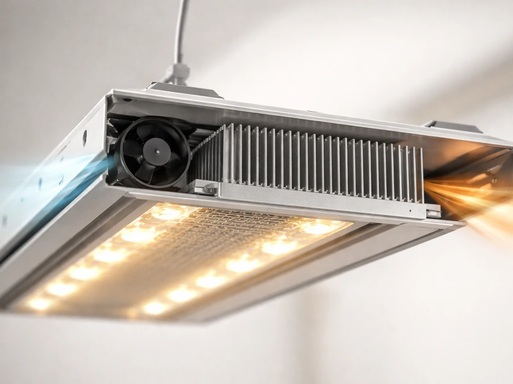 Cutaway view of a grow light LED module with heatsink cooling and a fan moving air over the fins.