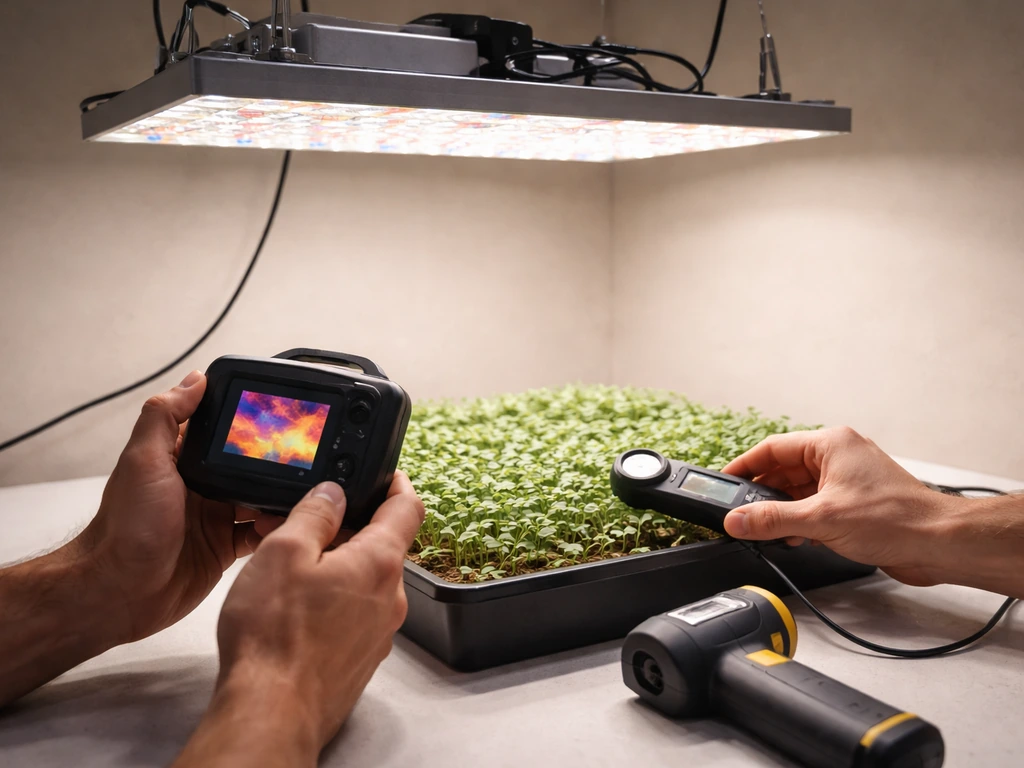 Hands measure an active LED grow light test with thermal camera and light meter over a canopy tray.