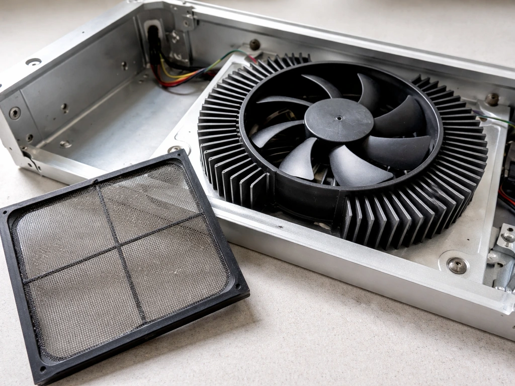 Closeup of an open grow light showing fan housing and dust filter screen for maintenance and noise trade-offs.