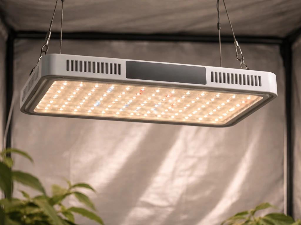 Koscheal grow light fixture inside a grow tent, LEDs and housing clearly visible, minimal background.
