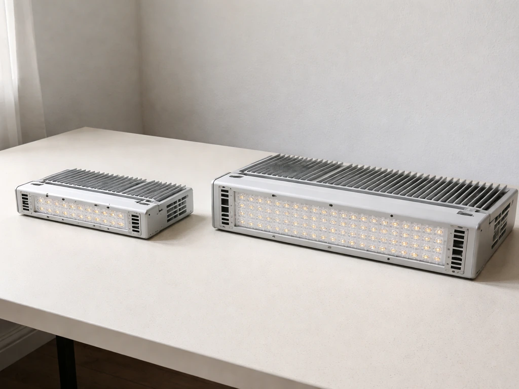 Two compact grow light fixtures side-by-side on a simple bench background, one smaller and one larger.