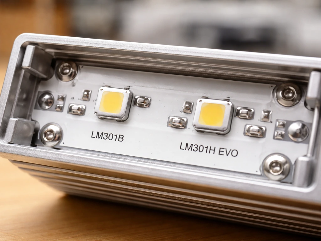 Close-up of an LED grow light PCB and diodes inside a heatsink, showing Samsung LM301B/LM301H EVO markings