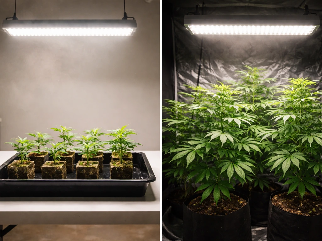 Split scene of seedlings under a KT600 grow light and lush vegetative plants beneath the same light.