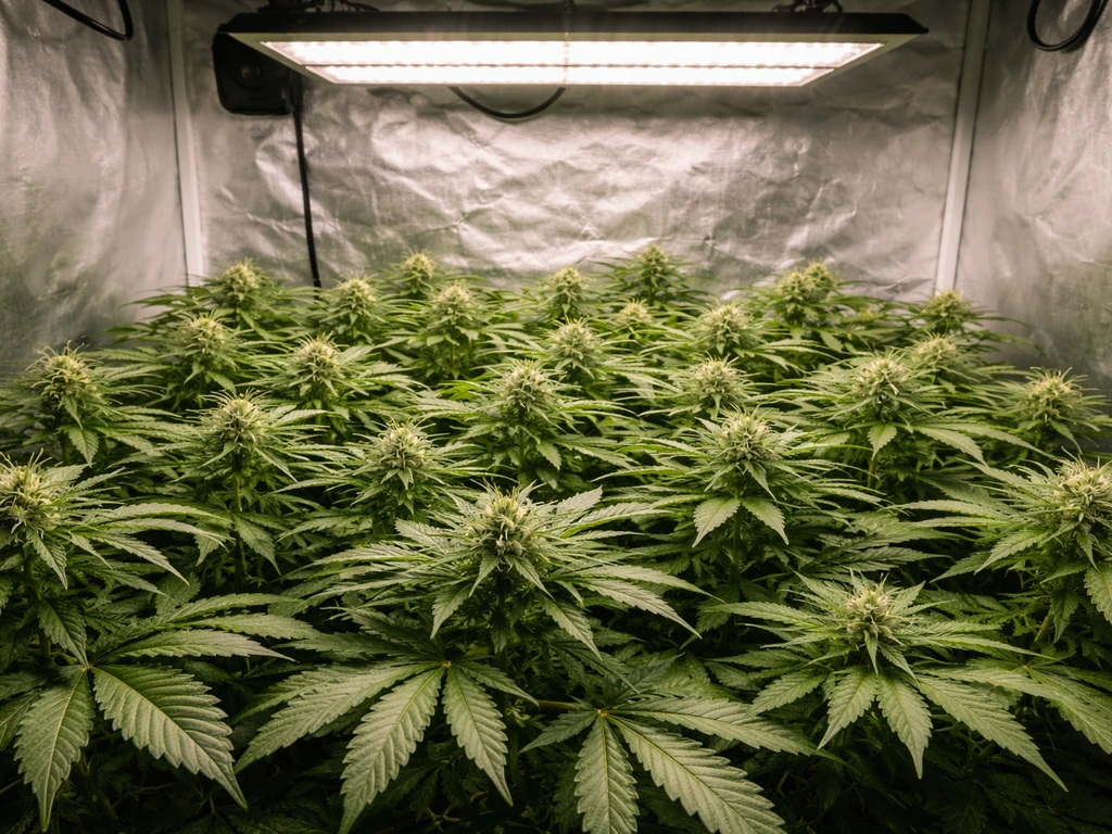 Close view of flowering plants in a 4×4 grow tent under an overhead grow light, showing even canopy coverage.