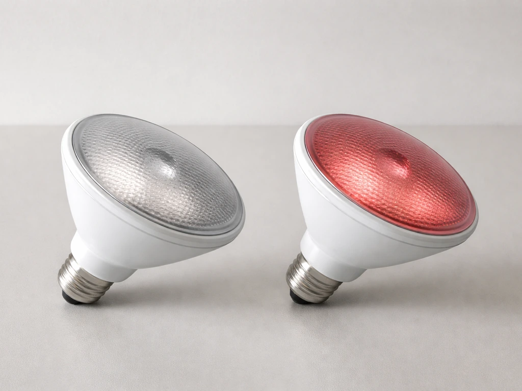 Two PAR38 grow bulbs side by side on a plain tabletop, one neutral and one red-tinted glass.