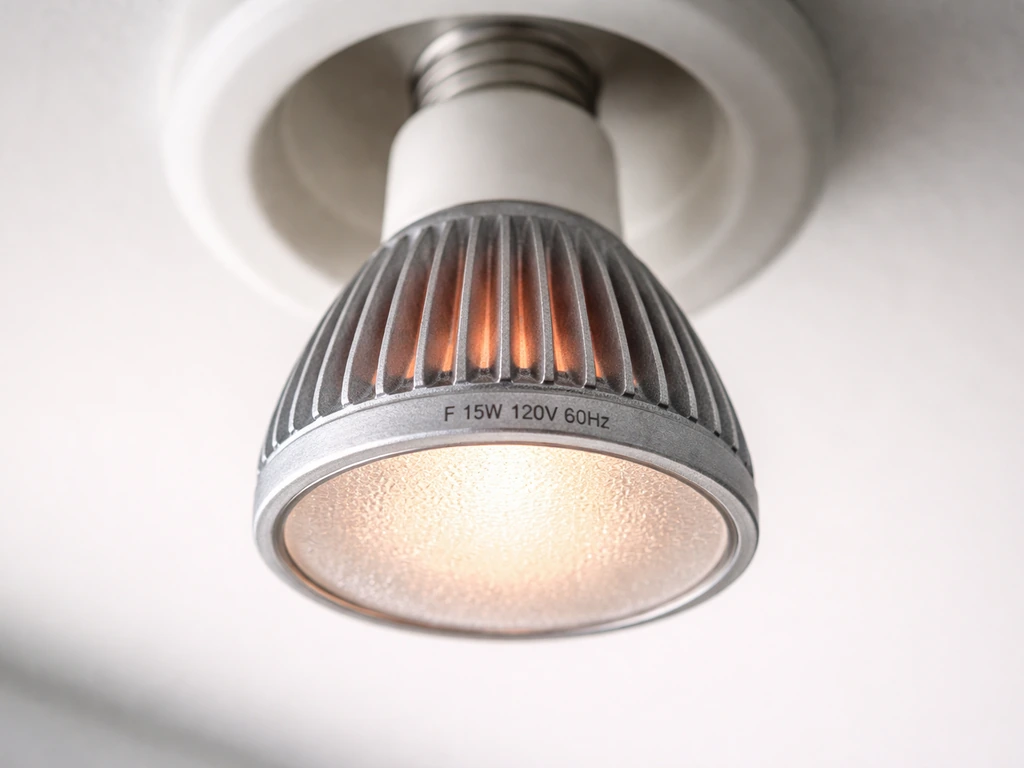 Close-up of a PAR38 LED bulb in a lamp socket showing textured heatsink body and nearby power rating label