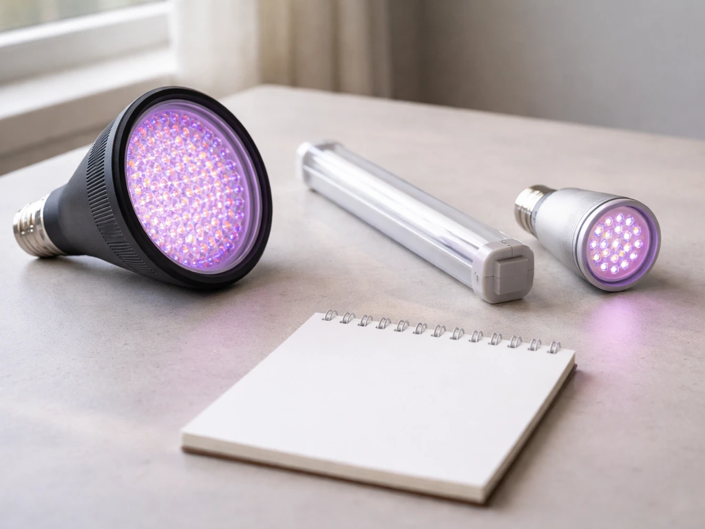 GE PAR38 bulb on a table beside a simple T5-style bar and generic grow lamp, minimal daylight photo.