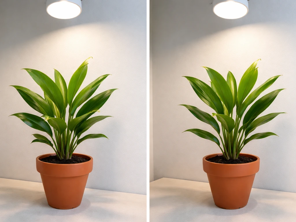Split before-and-after photo of a potted plant: compact upright growth vs light-stressed bleaching tips under a ceiling