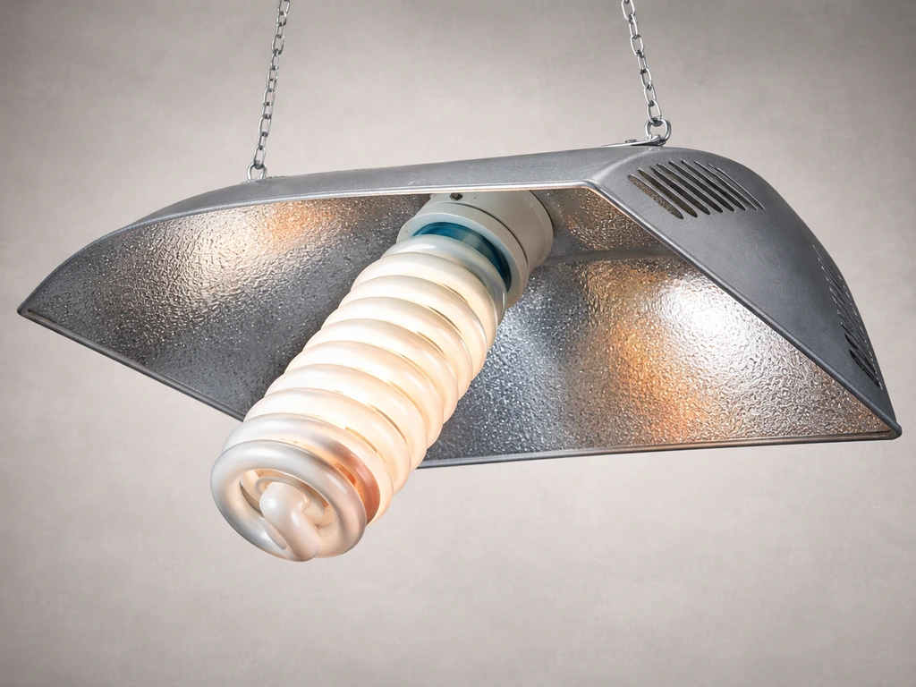 Front view of a 300W dual-spectrum CFL grow light with reflector and hanging chains, featuring the spiral bulb.