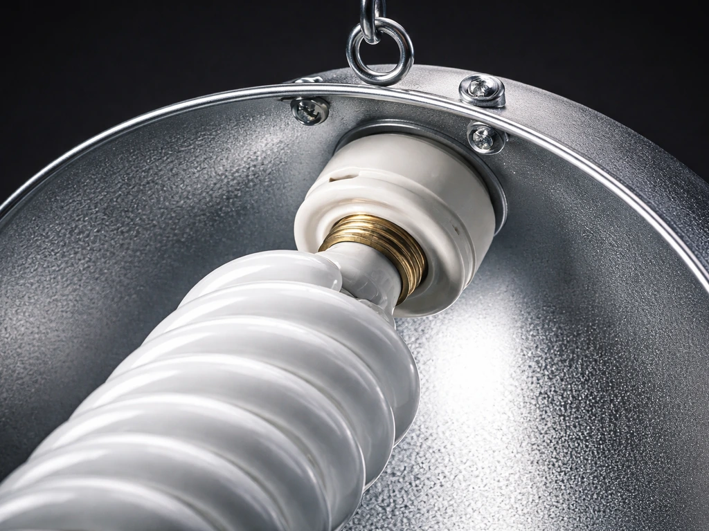 Macro close-up of a 300W CFL grow kit socket, bulb, reflector, and hanging mounting hardware.