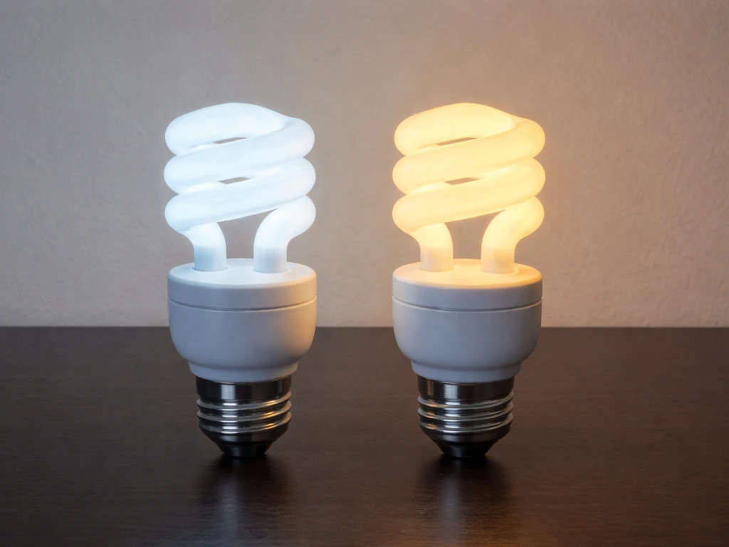 Two side-by-side CFL bulbs glowing cool blue-white on the left and warm yellow-white on the right.