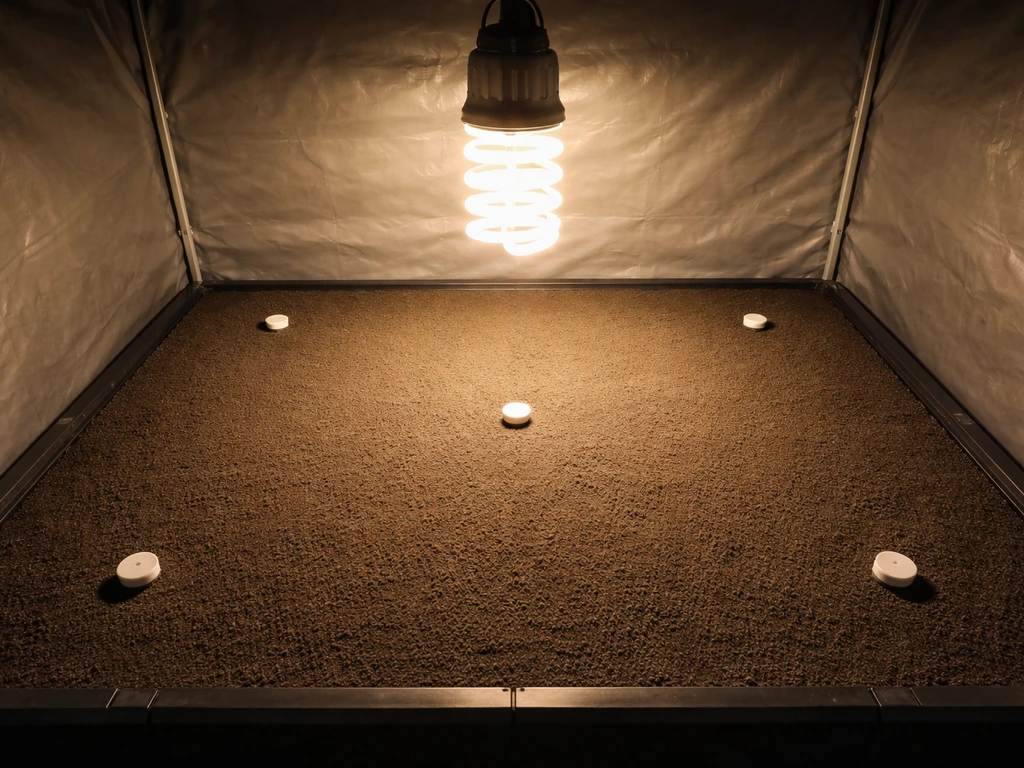 Overhead view of a simple grow canopy with a light fixture and visible intensity falloff effect