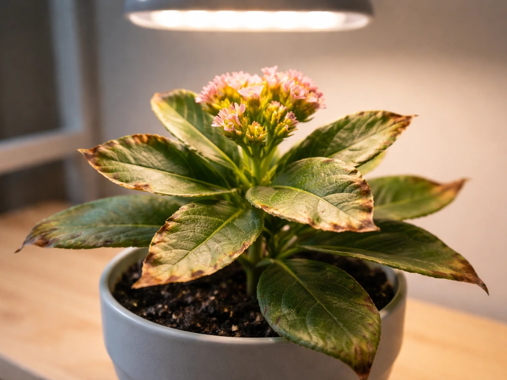 Close-up of a houseplant with scorched leaf tips under a grow light, showing heat stress.