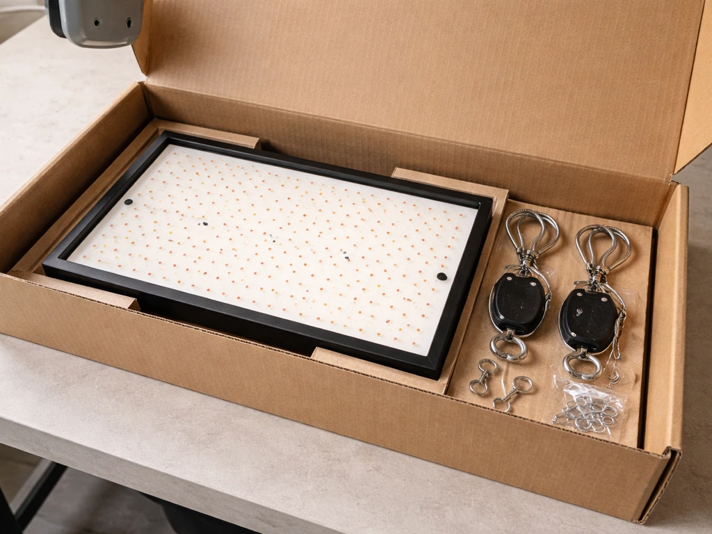 Open product box showing a flat quantum-board LED grow light and included hanging hardware