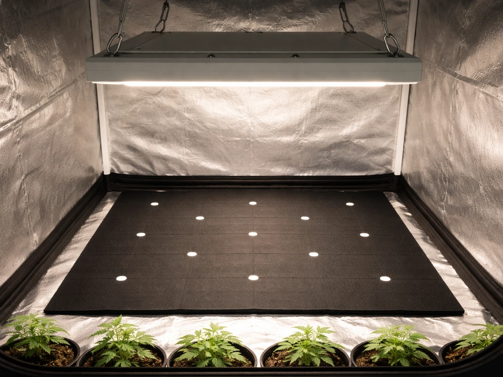 LED grow light suspended 18 inches above a small canopy with sensors showing brighter center coverage