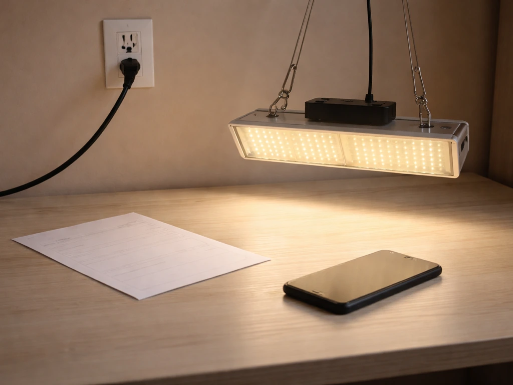 Minimal close-up of a dimmable grow light plugged in near a power outlet, with a small electricity bill on a table
