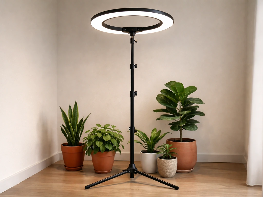 Telescopic poles of a ring halo light extended over potted plants on a floor, ready to set up