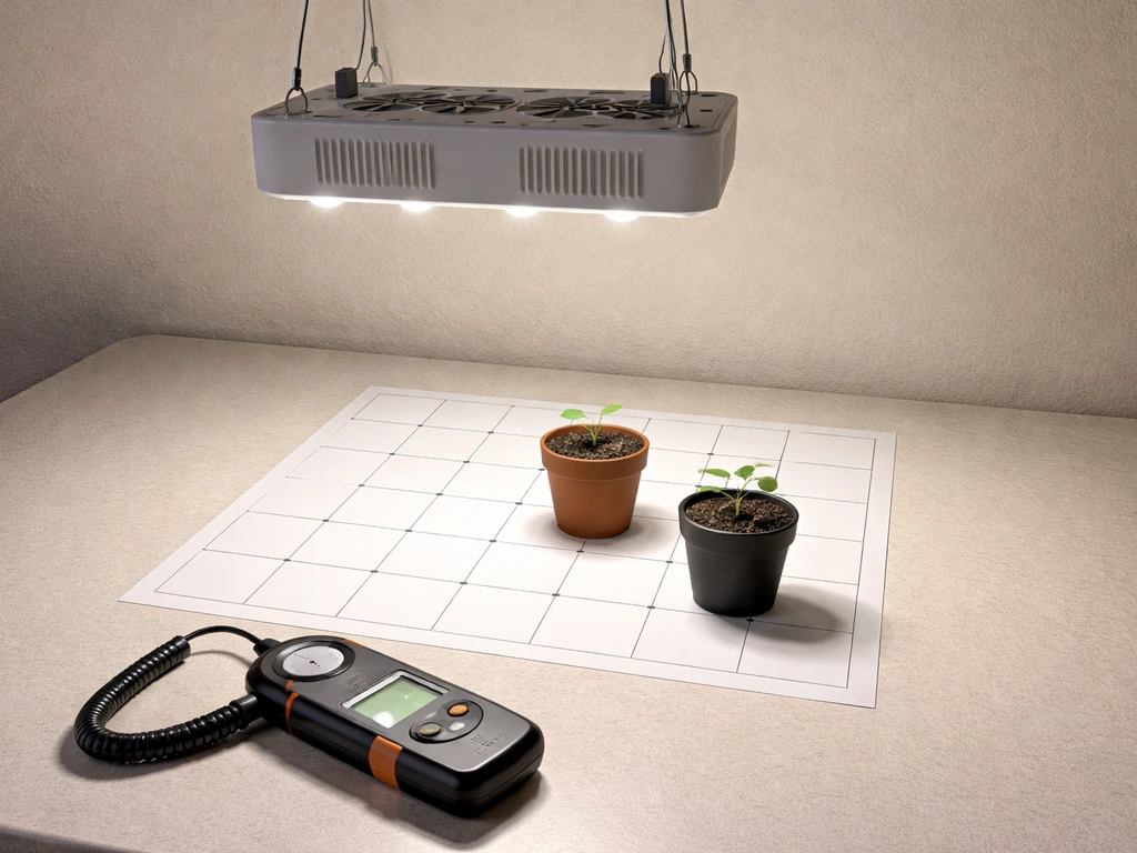 Compact LED grow light above a small grid with a light sensor and potted seedlings on a tabletop.