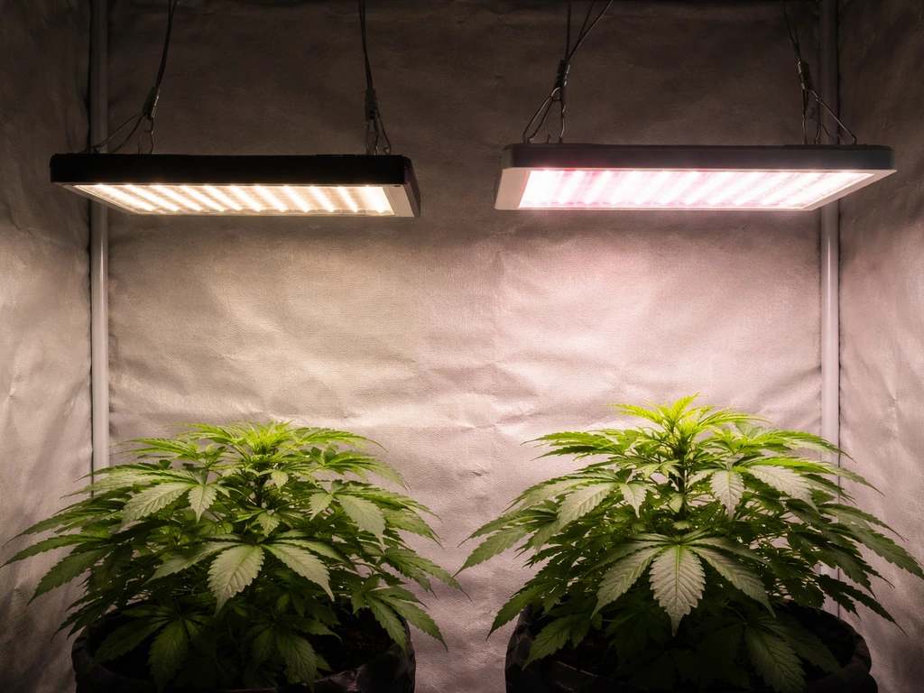 Two hanging LED grow lights side-by-side over seedlings, showing dim vs brighter coverage in a small tent.