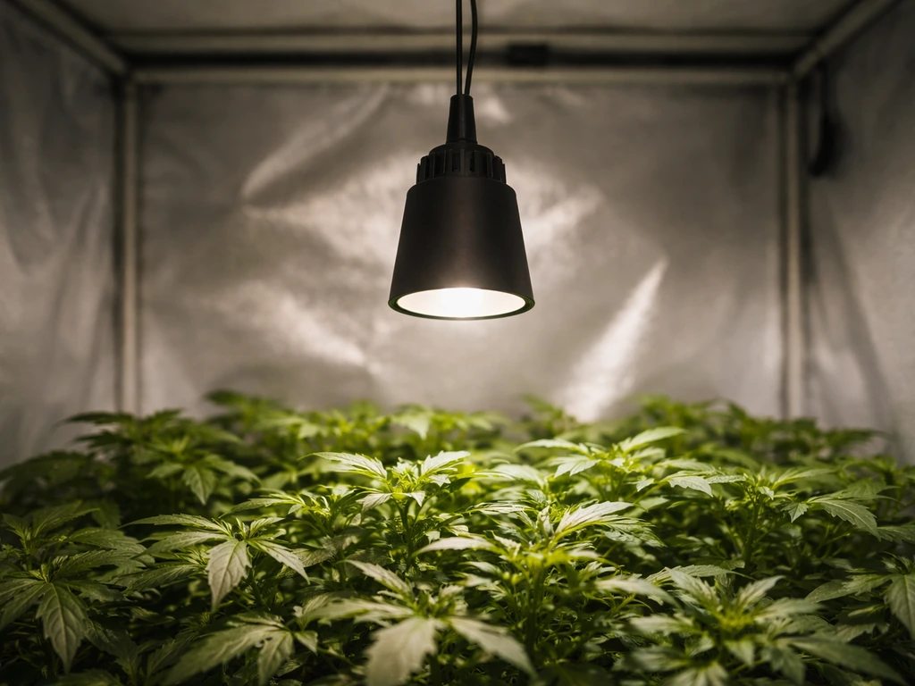 Pendant LED grow light hanging over a lush indoor plant canopy in a simple grow room