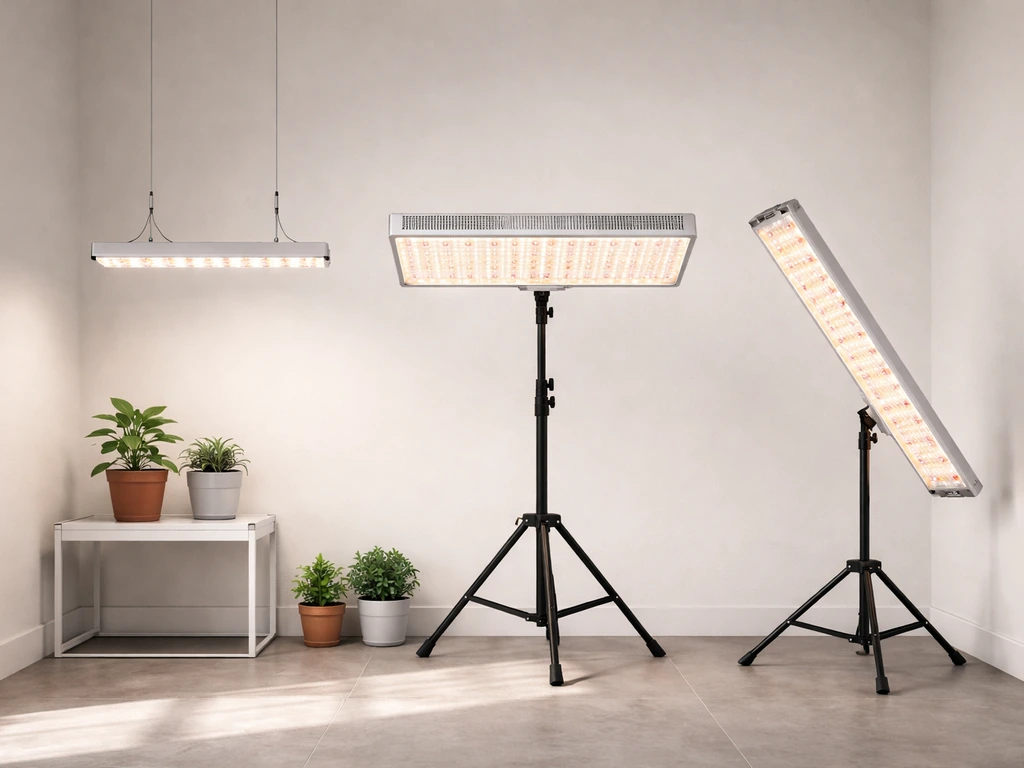 Three anonymous LED grow lights side by side in a minimal indoor grow room, showing different fixture forms.