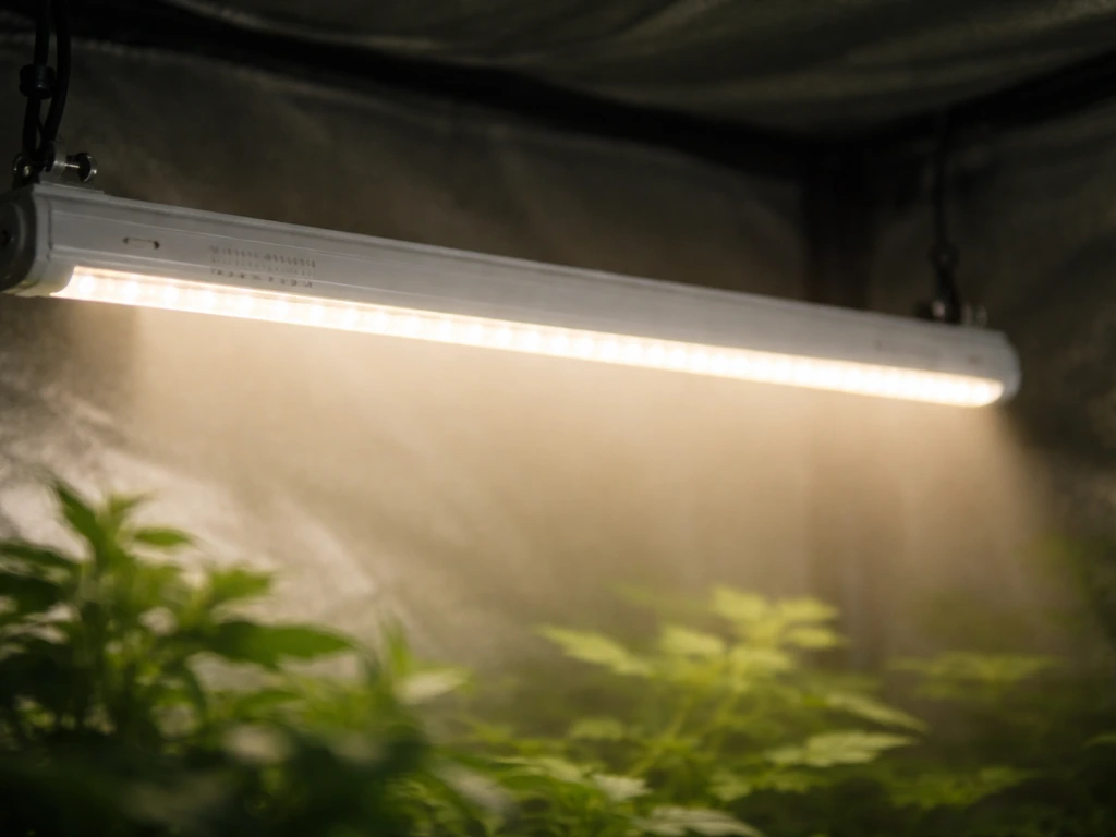 Close-up of a glowing full-spectrum white LED in a grow tent with a soft continuous light gradient.