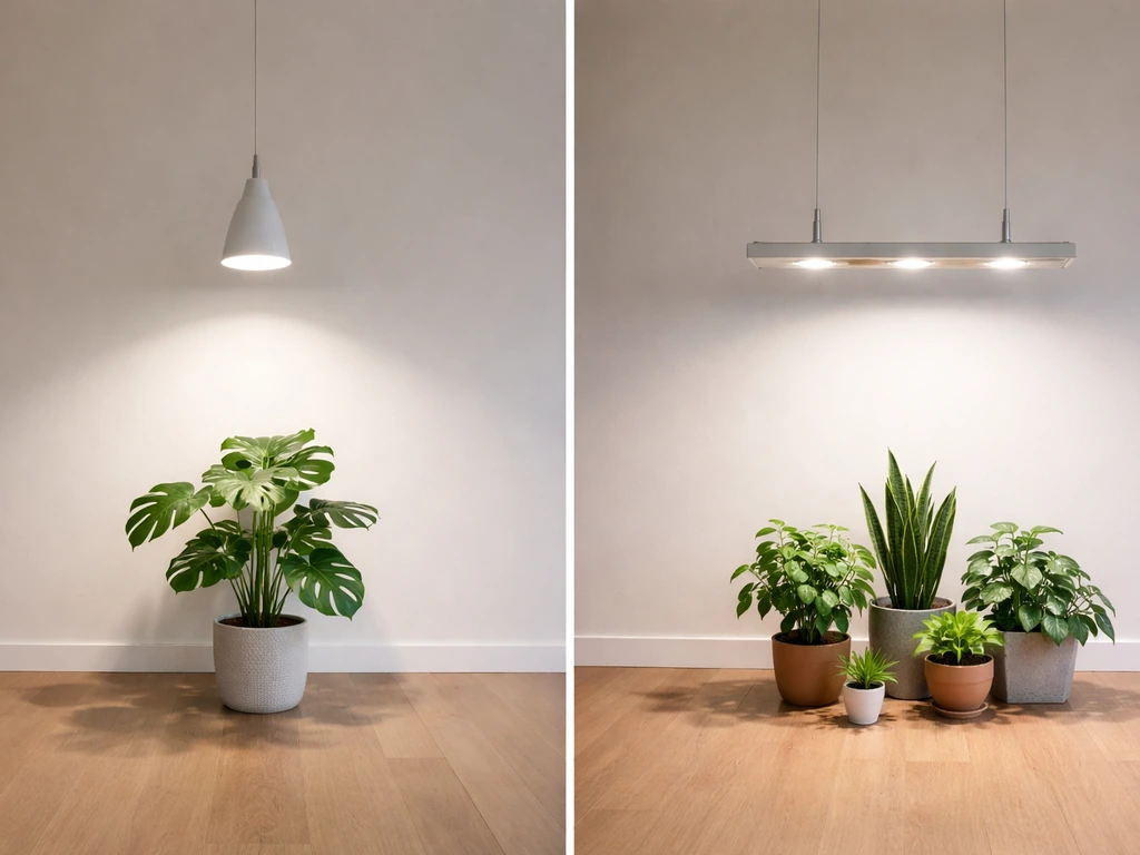 Two staged indoor grow setups side-by-side: single plant under a pendant light and a small plant cluster under a compact