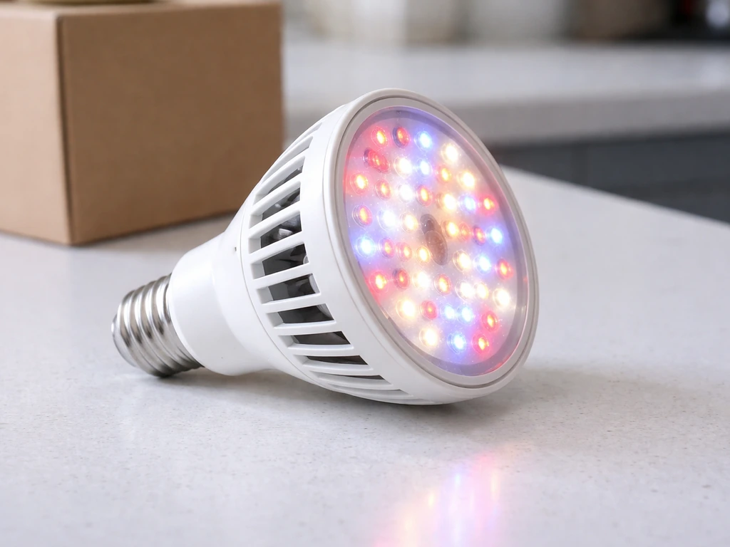 Close-up of a full-spectrum LED grow bulb with E26 base and grow-bulb labeling in simple packaging context