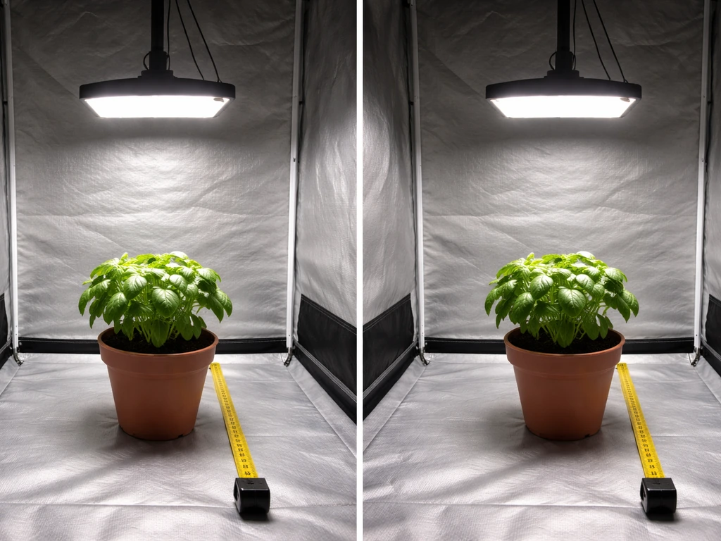 FEIT-style grow light over a small plant with a measuring tape defining canopy coverage distance