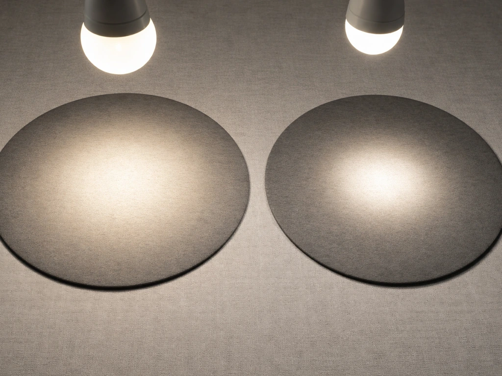 Top-down view showing wider vs narrower LED light spread on two dark circular mats, no text.