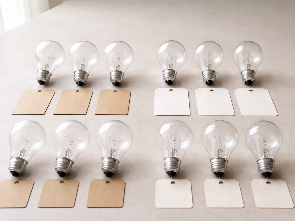 Tabletop photo of several A19 light bulbs with blank price tags for a value comparison.
