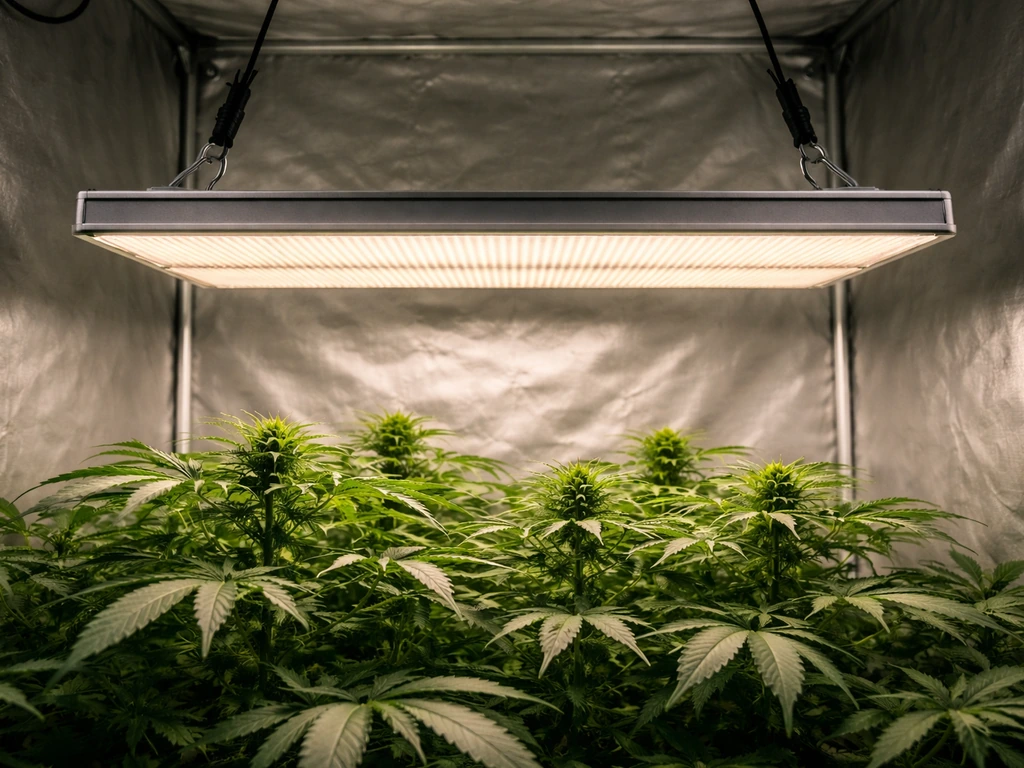 AC Infinity IONBOARD grow light mounted in a grow tent over healthy plants, even light coverage