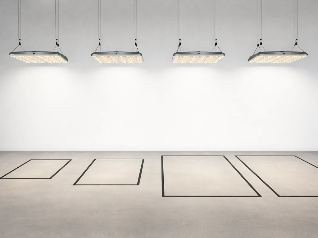 Two empty greenhouse floor mats labeled by size with an AC Infinity-style grow light above each, minimal and clean.