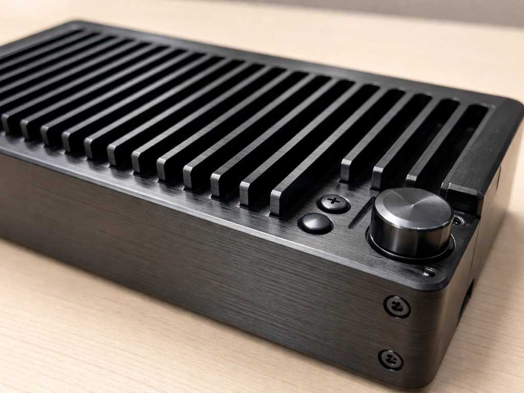 Close-up of a black anodized aluminum board showing passive heatsink layout and nearby controls, no fans.