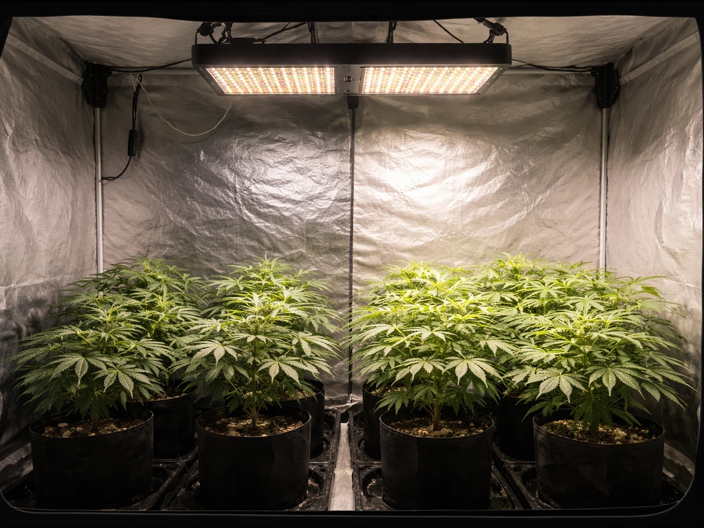 LED grow lights inside a tent with two canopy sections showing different intensities over similar plants