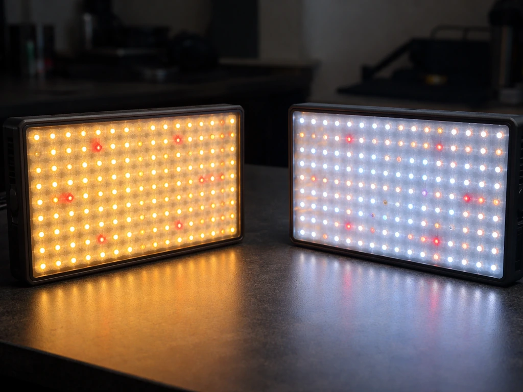 Two grow-light panels side-by-side with visible LED diode rows and a warm-to-cool glow.