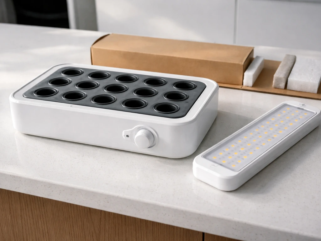 Hydroponic grow kit components laid out on a countertop with integrated LED light and timer control visible