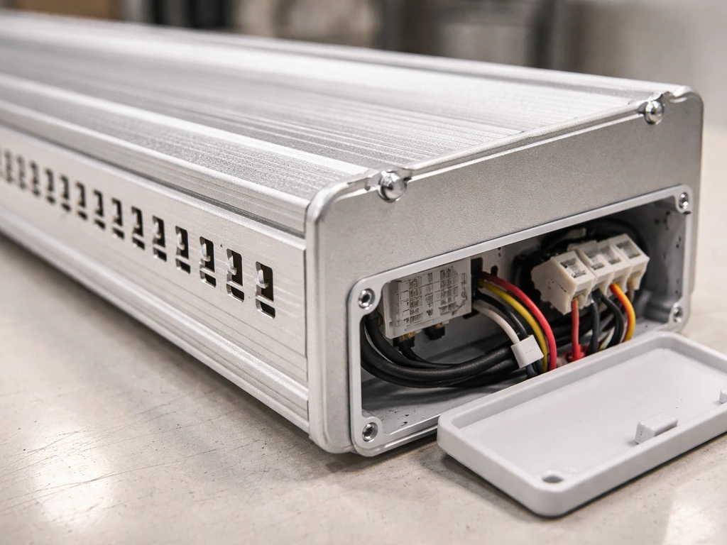 Close-up of a grow-light kit housing with venting and a timer/wiring junction, showing build and heat handling.