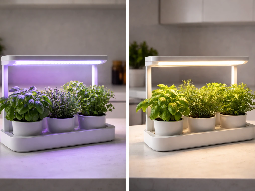 Two herb grow light kits side-by-side on a kitchen counter, showcasing different LED spectrum/wattage classes.