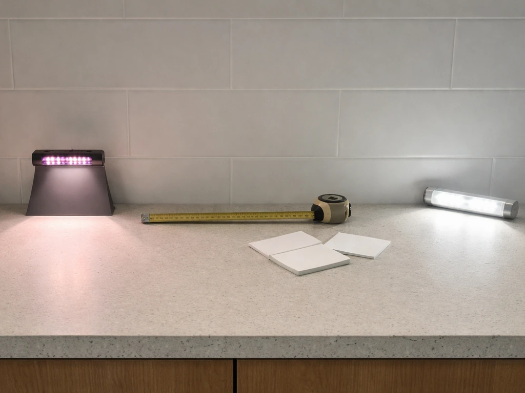 Grow light casting on a countertop with a tape measure, showing coverage matching space and planning.